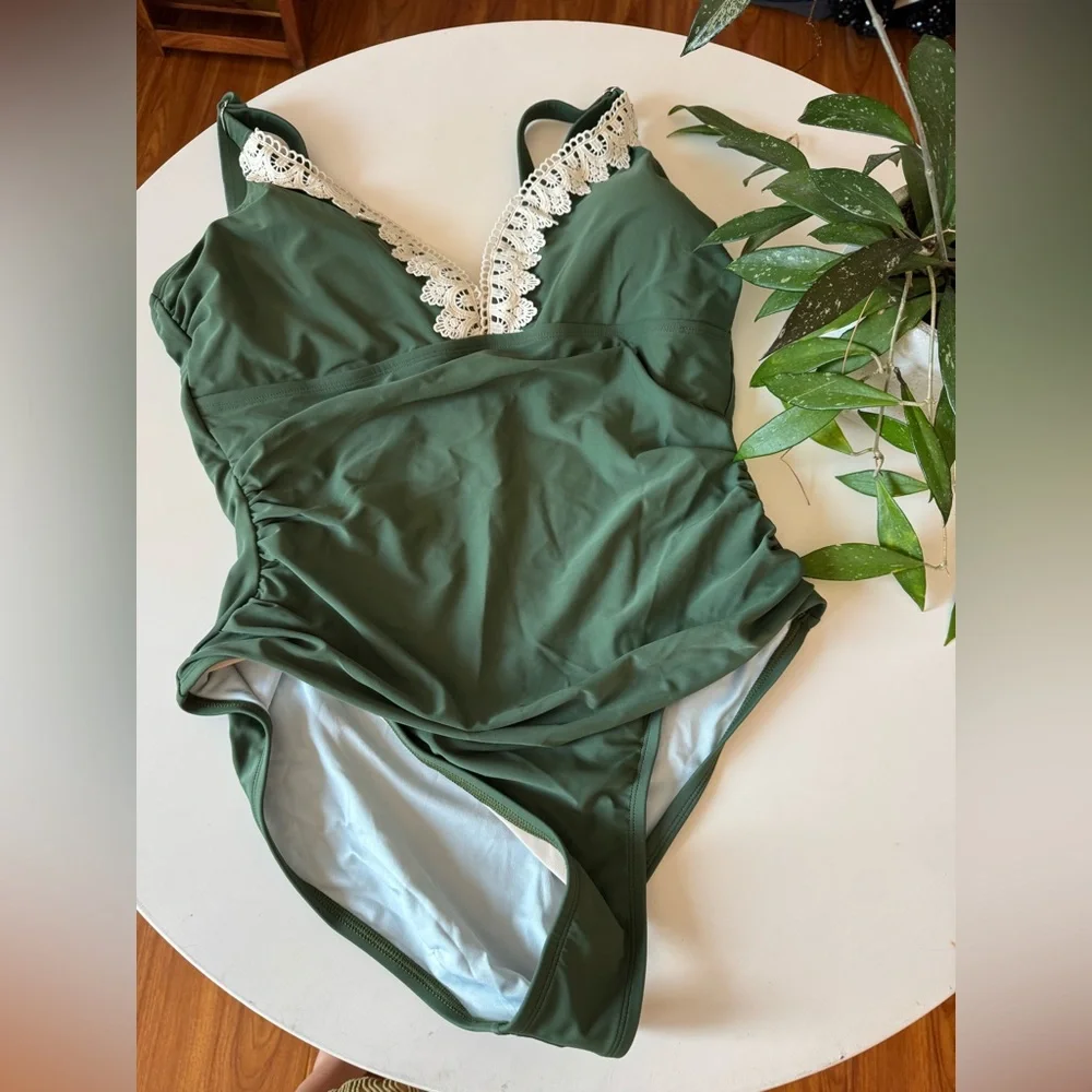 NWT Green One-Piece Swimsuit with Lace Trim - Picture 6 of 7